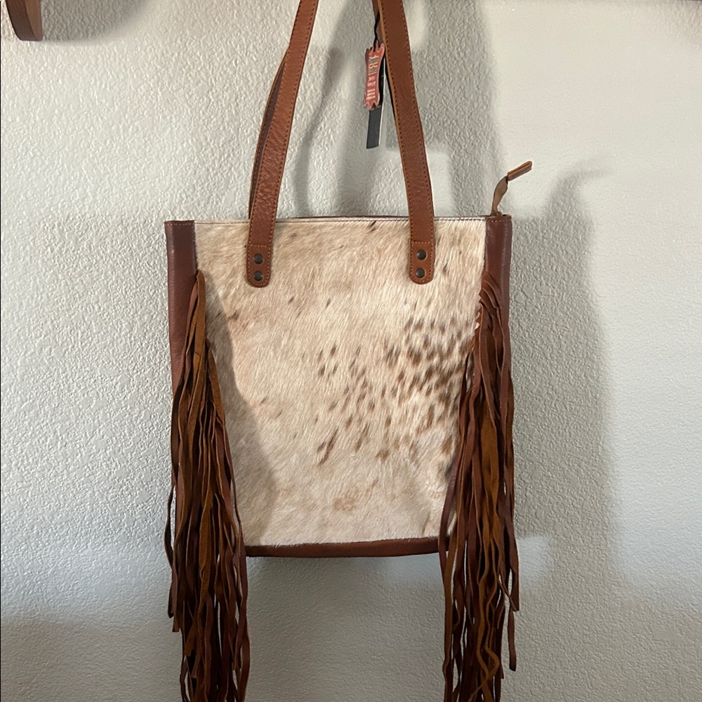 Fringed Haircalf Tote Bag in Brown and Cream